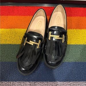 Tod's Black Loafers with T Gold Buckle